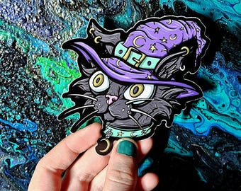 Witch Cat Vinyl Sticker, Astrology Hat, Black Cat Collar (4 Inch)