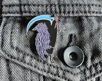 Crow Scythe 1.5 Inch Glow In The Dark Pin! Raven Jacket Bag Hat Pin
