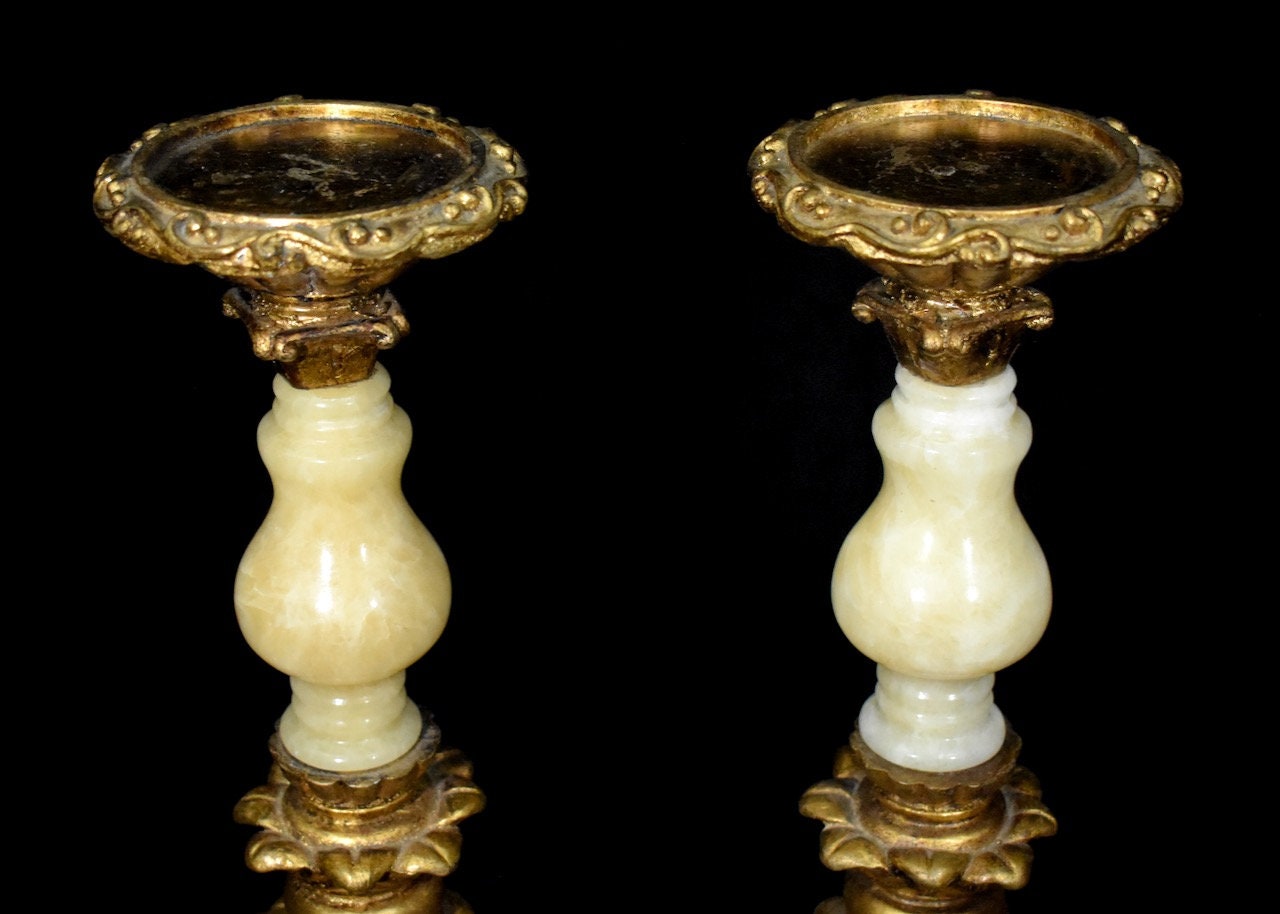 Candelabros 2 con acabado dorado y piedra beige onxy | Etsy