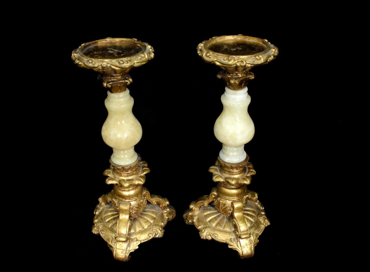 Candelabros 2 con acabado dorado y piedra beige onxy | Etsy