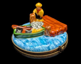 Authentic Limoges Porcelain Trinket Box (Hand-Painted Fishing Dock Scene)