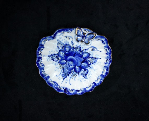 Russian Butterfly Dish, Gzhel Butterfly Ring Dish… - image 1