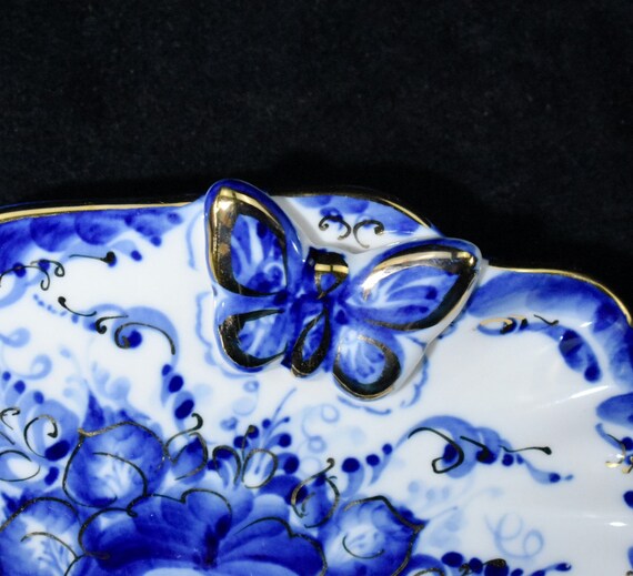 Russian Butterfly Dish, Gzhel Butterfly Ring Dish… - image 6