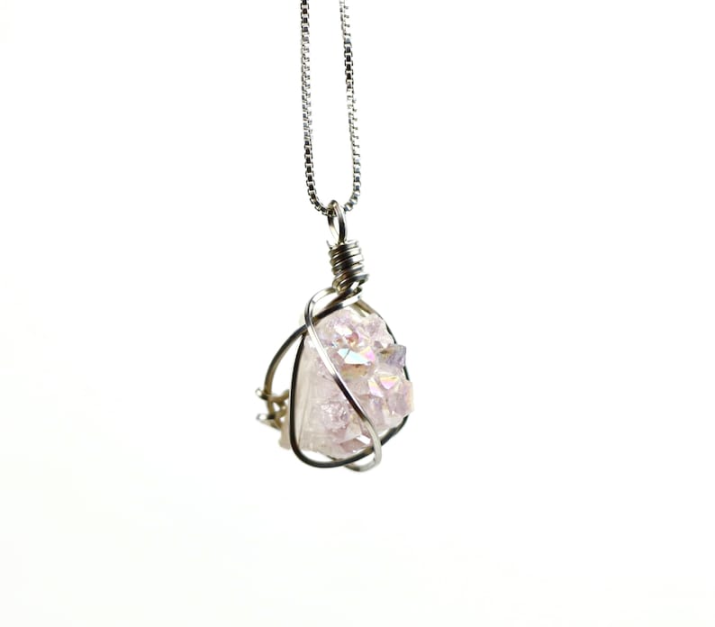 No Stress Sterling Silver Wrapped Druzy Amethyst Spirit Crystal Cluster Pendant Necklace