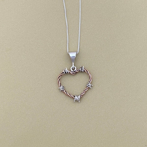 Barbed Wire Heart Pendant in Copper & Sterling - Mini