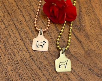 Mini Ear Tag Pendant with Stock Show Lamb, Goat, Pig and Cow and Personalized with FOUR Characters