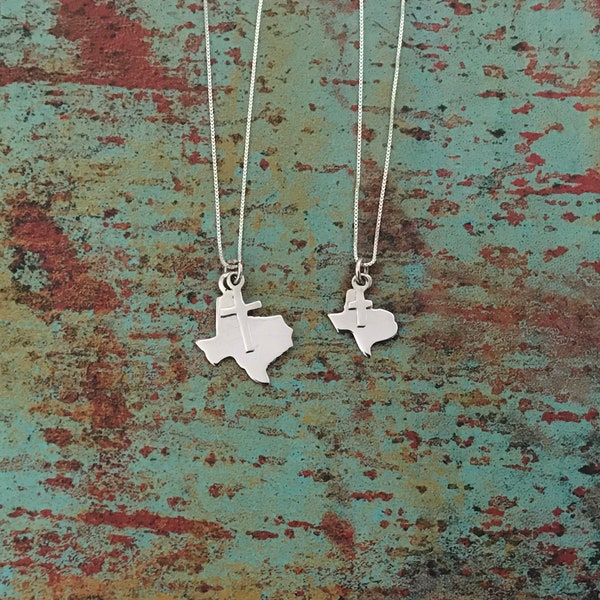 Texas Map in Sterling Silver with a Cross charm in Brass, Copper or Sterling Silver