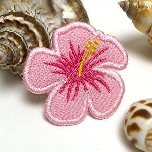 Embroidered Hibiscus Hawaiian Flower Iron- on Patch SEASHELL PINK