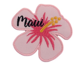 Personalized Embroidered Name Iron- on Patch Hibiscus Hawaiian Flower 3 inch Seashell Pink