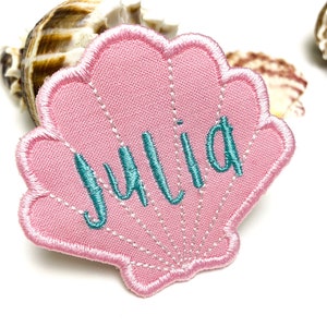 Personalized Embroidered Name Iron- on Patch Pink Scallop Seashell Design