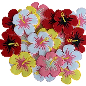 LARGE Embroidered Hibiscus Hawaiian Flower 3.5” Iron- on Patches