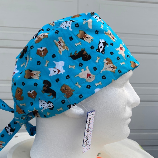 Blue Cotton Surgical scrub cap, cats and dogs print one size with or without buttons