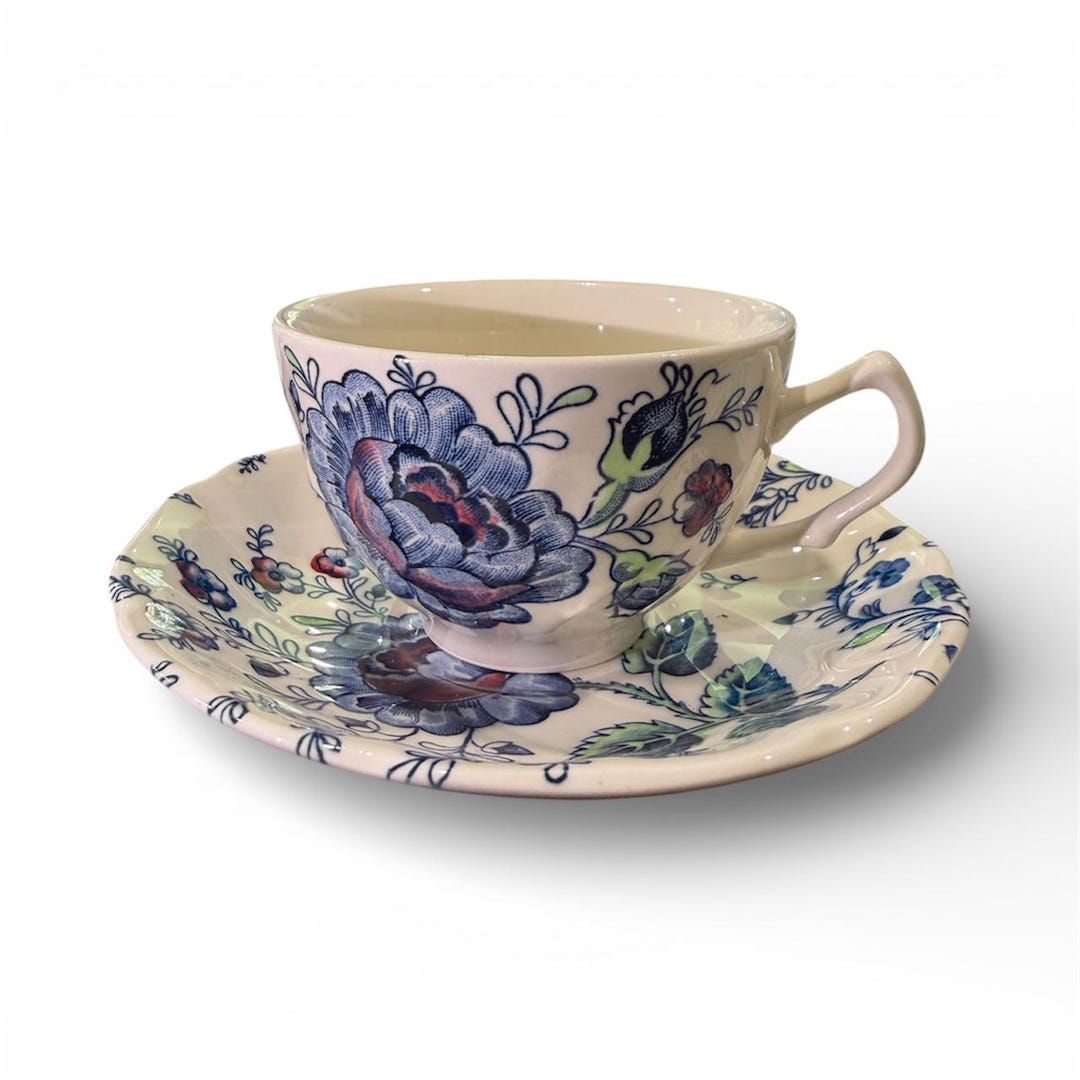 Vintage Johnson Brothers Rose Chintz Blue Tea Cup & Saucer – Rare