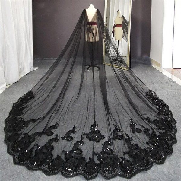 Black Long Wedding Boleros Bling Sequins Lace Cathedral Bridal Cape Bolero Mariage Wedding Accessories Shoulder Veil