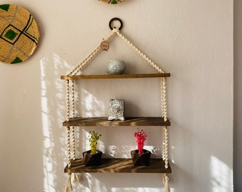 Estante colgante de macramé, colgador de plantas de macramé con tabla de madera, estante flotante, decoración de jardín, regalos para papá, plantas de interior, plantas de casa