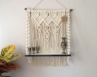Estante colgante de pared de macramé, colgador de plantas de cuerda estilo bohemio para interiores, soporte para macetas, decoración geométrica de algodón para dormitorio.