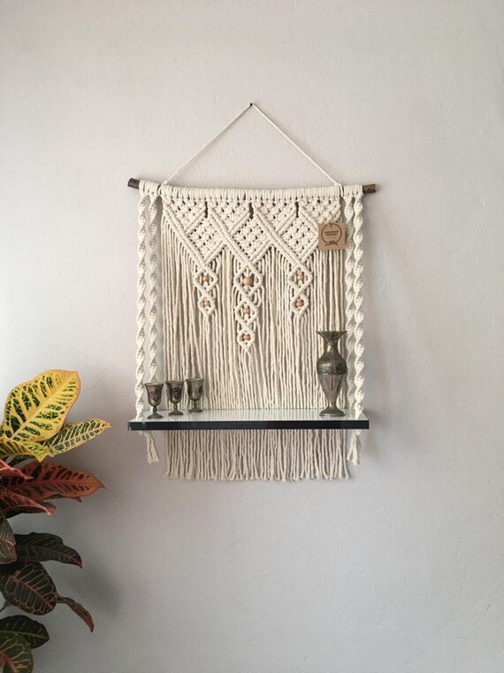 Macrame Wall Hanging Shelf, Boho Indoor Rope Plant Hanger, flower pots holder, Bohemian Home Geometric Art Decor Cotton Bedroom Decorations