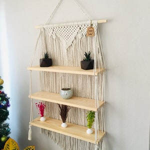Estante colgante, estante de pared de macramé, estante para plantas de cuerda, estante columpio grande, estante de cocina rústico, estante de madera decorativo, vivero estilo boho de granja