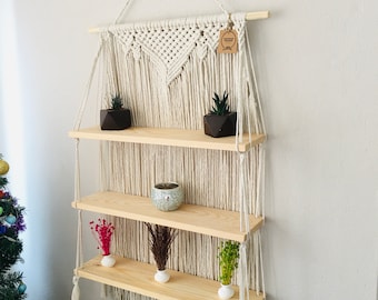 Hanging shelf, Macrame wall shelf, Rope plant shelf, Large swing shelf, Rustic kitchen shelf, Decorative wood shelf, Farmhouse boho nursery