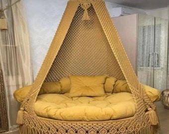 Double Swing Chair with Wooden stand, Porch swing bed, Macrame wooden swing, Indoor Outdoor Swing, Garden and balcony swings