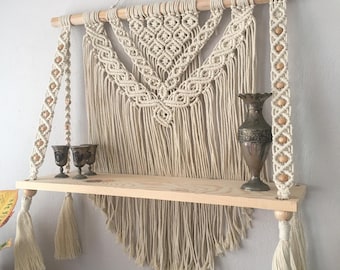 Estante de macramé, personalizado, decoración de pared de macramé, tapiz de pared de macramé, macramé personalizado, estante de estilo rústico, tapiz de pared de macramé,