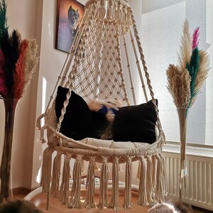 Puede incluir: Una silla colgante de macram&eacute; color crema con cojines negros y un coj&iacute;n decorativo de piel. La silla est&aacute; suspendida del techo y tiene una base con flecos. Altos jarrones con plantas secas de colores a ambos lados.
