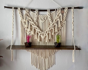 Estante colgante de macramé para pared, colgador de plantas de cuerda estilo boho para interiores, soporte para macetas, decoración geométrica de algodón para el hogar estilo boho, dormitorio