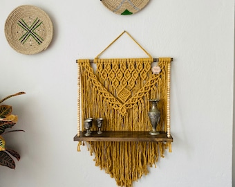 Tapiz de macramé para pared, estante flotante, arte mural bohemio, colgador de plantas de macramé, tapiz de decoración bohemia para el hogar, arte mural de madera
