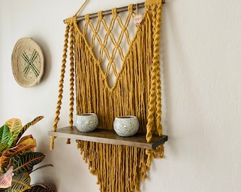 Plant Shelf, Macrame Shelf, Macrame Wall Hanging Shelf, Boho indoor Rope Plant Hanger, Bohemian Home Geometric Art Decor, Bedroom Decor
