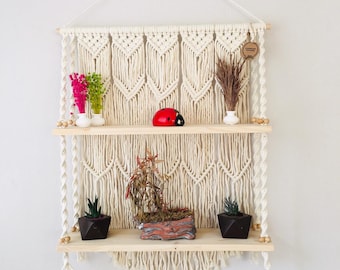 Estante colgante de macramé, colgador de plantas de macramé, estante de cuerda bohemio para plantas de interior, patrón de estante de macramé, decoración geométrica de pared bohemia para el hogar