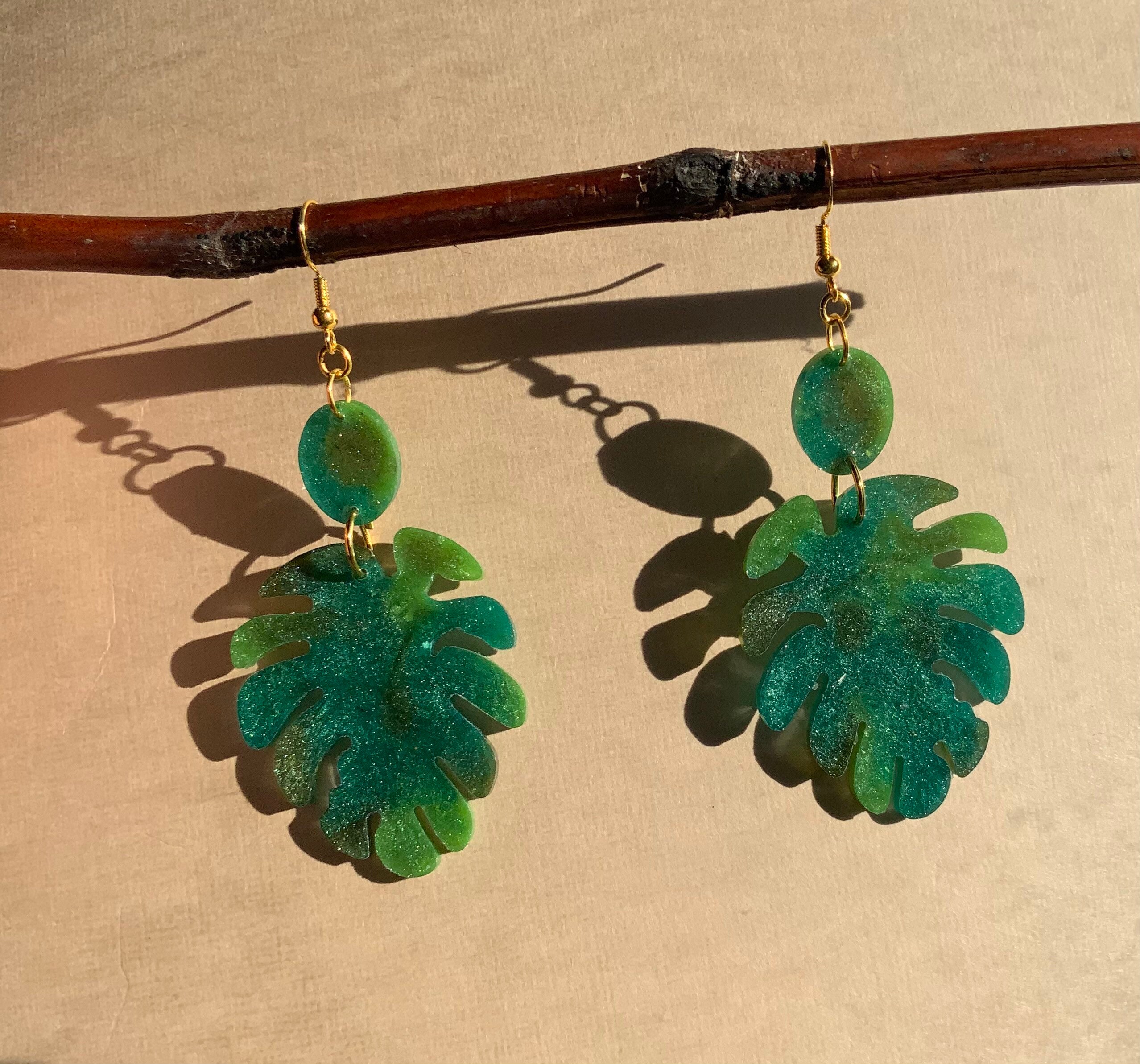 Green with Envy Green Resin Earrings Monstera Leaf Earrings Etsy