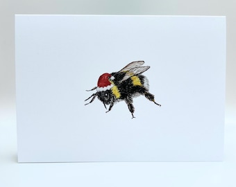 Bumblebee with a Santa Hat Greetings Card, Handmade and Illustrated with Watercolours