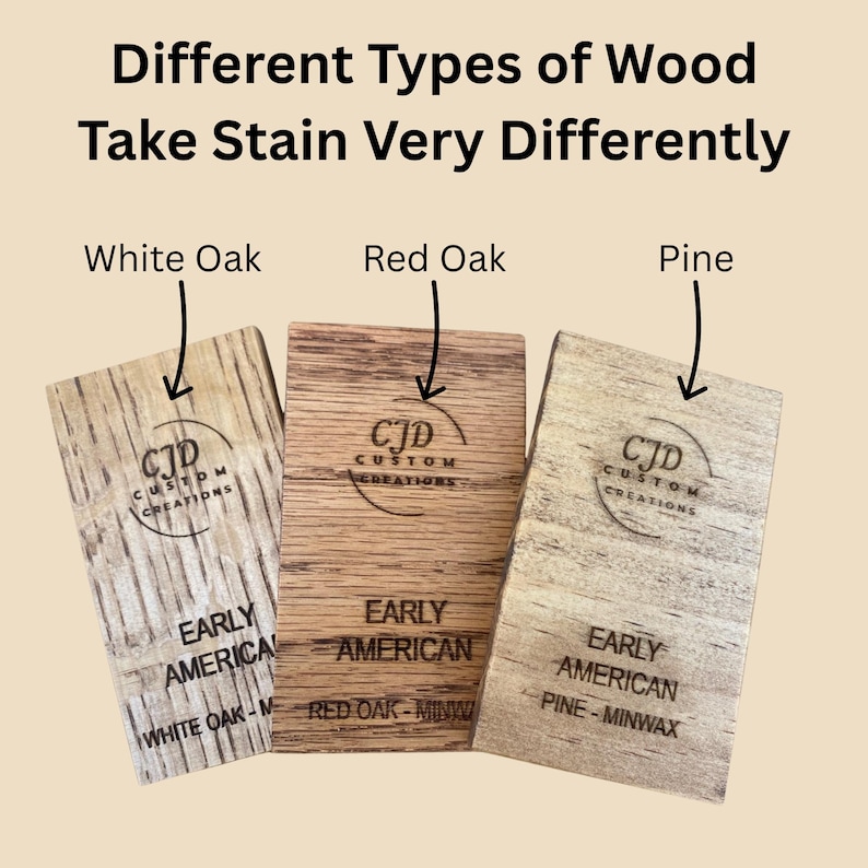 A collection of stained wood sample swatches arranged in a fan layout, each labeled with the stain color and wood type. Swatches include shades like Sedona, Cherry, Dark Walnut, Ebony, Slate, Red Mahogany, and Golden Oak, all engraved with the "CJD Custom Creations" logo. These samples show how different Minwax stains appear on Red Oak wood, helping customers choose the right finish for their woodworking or home improvement projects.