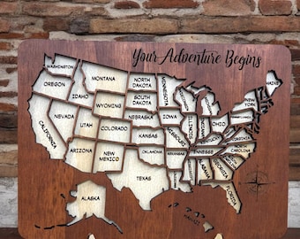 Handcrafted Wooden United States Travel Display | Personalized Adventure Tracker Gift for Couples & Families | Rustic Wall Hanging Map Decor