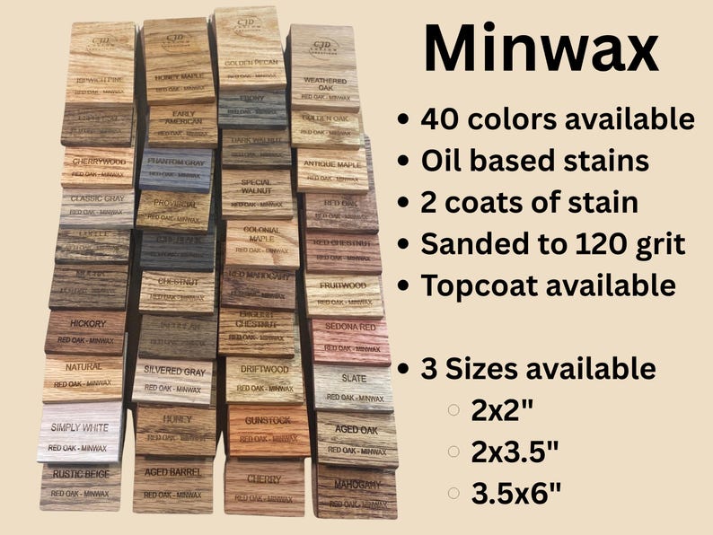 A collection of stained wood sample swatches arranged in a fan layout, each labeled with the stain color and wood type. Swatches include shades like Sedona, Cherry, Dark Walnut, Ebony, Slate, Red Mahogany, and Golden Oak, all engraved with the "CJD Custom Creations" logo. These samples show how different Minwax stains appear on Red Oak wood, helping customers choose the right finish for their woodworking or home improvement projects.