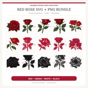 Könnte beinhalten: Eine digitale Sammlung von Rosengrafiken mit dem Titel RED ROSE SVG + PNG BUNDLE, bestehend aus 24 Kompositionen, 5 Looks und 120 Kunstwerken. Das Raster zeigt verschiedene rote Rosen mit grünen Stielen und Blättern, rote Linienkunst und schwarze Silhouetten.