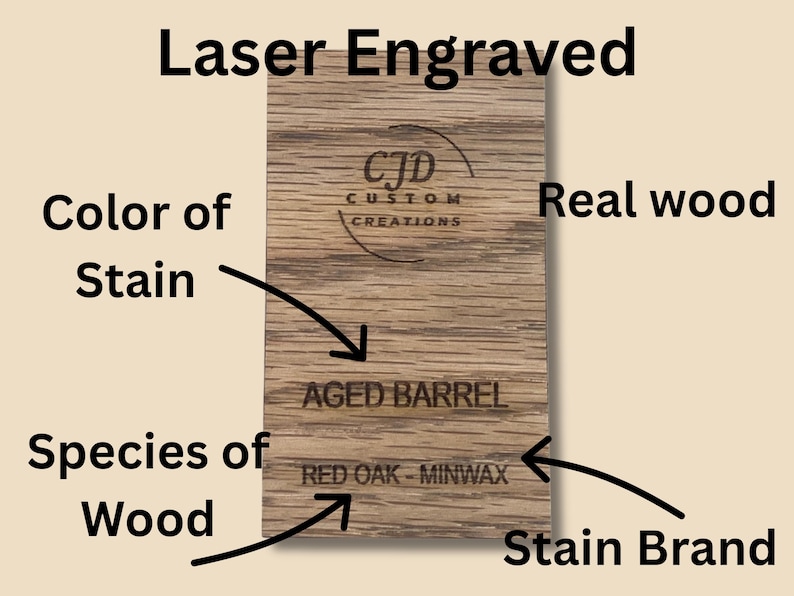 A collection of stained wood sample swatches arranged in a fan layout, each labeled with the stain color and wood type. Swatches include shades like Sedona, Cherry, Dark Walnut, Ebony, Slate, Red Mahogany, and Golden Oak, all engraved with the "CJD Custom Creations" logo. These samples show how different Minwax stains appear on Red Oak wood, helping customers choose the right finish for their woodworking or home improvement projects.