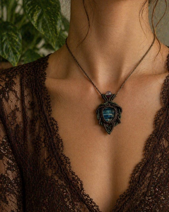 Kyanite Crystal Handmade Macrame Adjustable Pendant Necklace