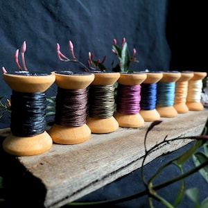 May include: A row of ten wooden spools of thread in various colours, including black, brown, green, purple, blue, and cream. The spools are arranged on a wooden surface with a dark background.