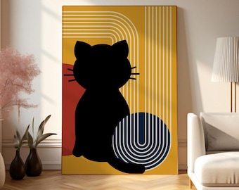 Impression d'art moderne de chat noir du milieu du siècle : décoration géométrique pour la maison (affiche numérique)
