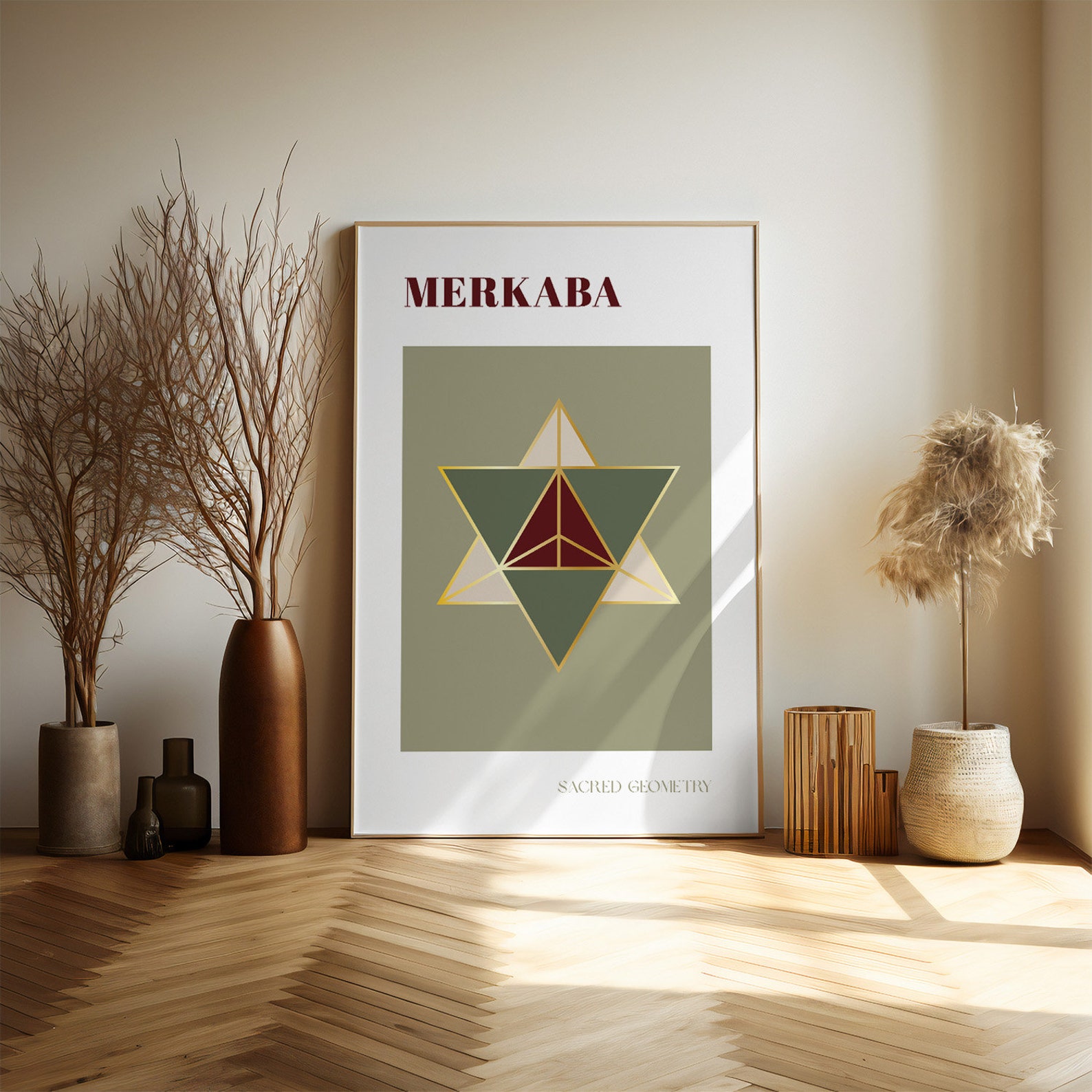 Merkaba Sacred Geometry Wall Art Poster in Burgundy, Sage, and Gold - Etsy