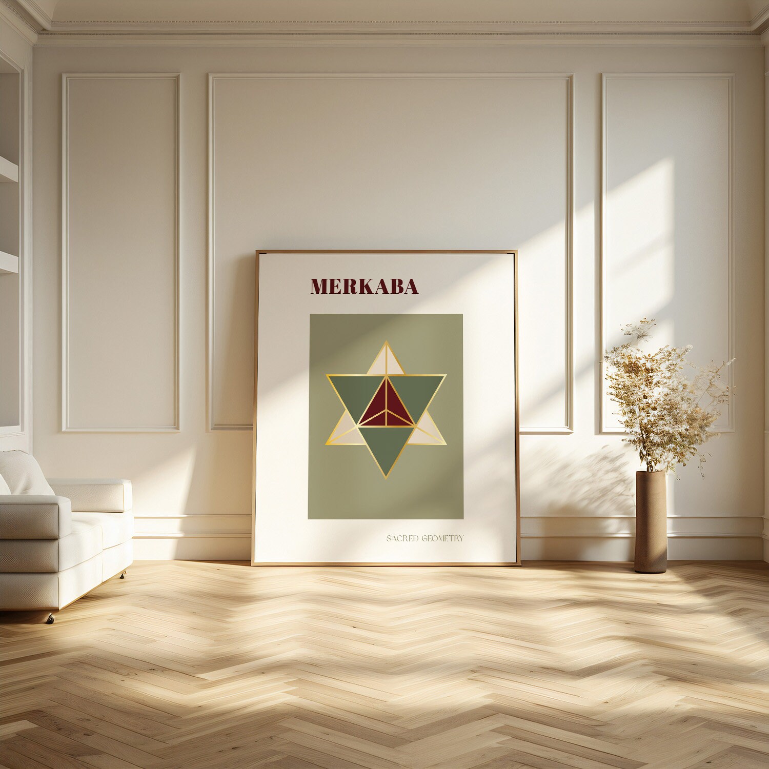 Merkaba Sacred Geometry Art Print: Burgundy, Sage & Gold (digital ...