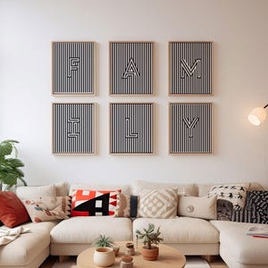 Conjunto de arte de parede FAMILY moderno, pôster de tipografia com linhas gráficas minimalistas, arte de letras monograma para decoração de sala de estar, impressão digital para download