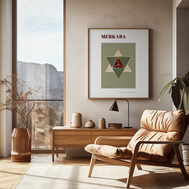 Merkaba Sacred Geometry Art Print: Burgundy, Sage & Gold (digital ...
