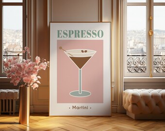 May include: A framed art print featuring an espresso martini illustration. The print has a pink background with a brown martini glass, coffee beans, and the word "ESPRESSO" in green. The text ". Martini ." is at the bottom.