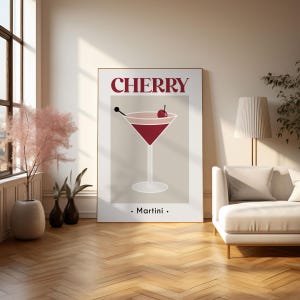 Cherry Martini Art Print, Trendy Bar Cart Decor Cocktail Wall Art, Feminine Sophisticated Instant Download Digital Poster