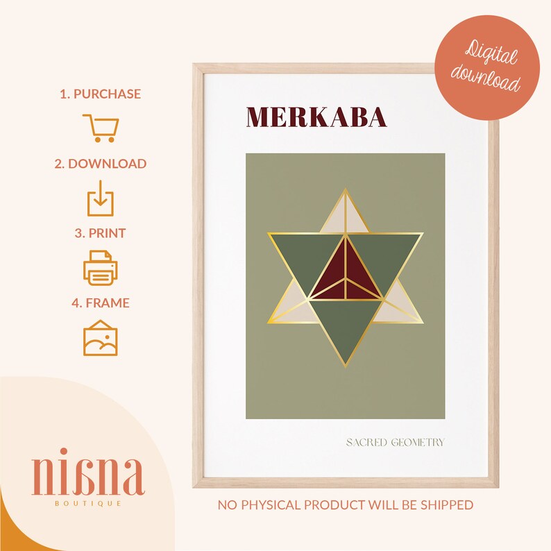 Merkaba Sacred Geometry Art Print: Burgundy, Sage & Gold (digital ...