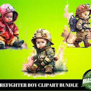 Watercolor firefighter boy Clipart refers to digital art images of a young male firefighter rendered in a watercolor style, used for design