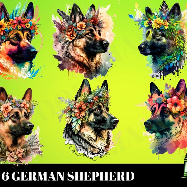 6 berger allemand portant une coiffe de fleurs, chien de berger allemand png, illustration de chien, berger allemand à l'aquarelle png