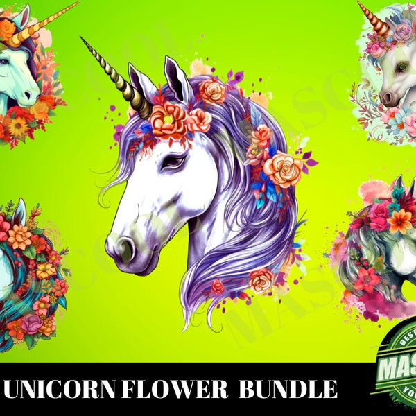 5 Bundle de sublimation de coiffure de fleur de licorne, licorne avec couronne de fleurs png, visage d'animal, nicorne avec des fleurs sur la tête, licorne mignonne